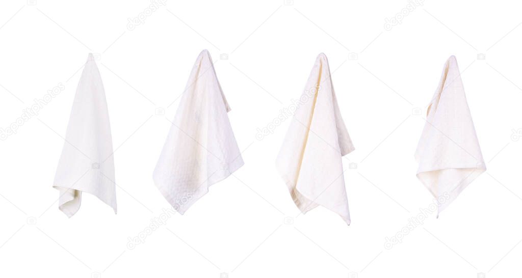 Set of four hanging white  kitchen towels isolated on white background. Cooking and cleaning mock up for design.