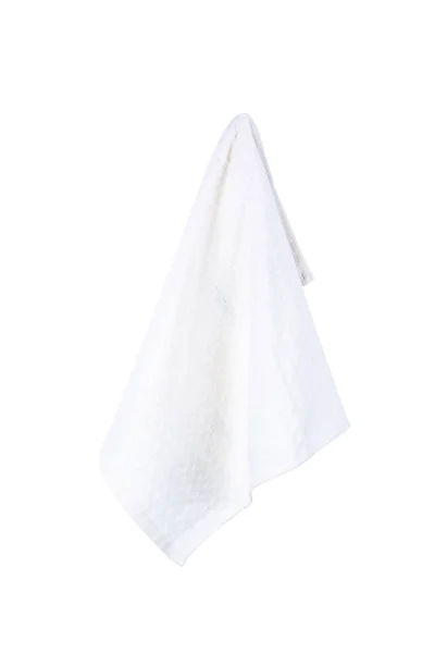 Białe Ręczniki Kuchenne Wiszące Izolowane Białym Tle Pomarańczowy Kratkę Wiszące Obraz Stockowy