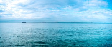 Kargo gemileri ve gökyüzü olan deniz manzarası.