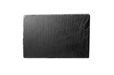 Siyah tahta dikdörtgen taş plaka. Beyaz arka planda izole edilmiş yiyecek için mutfak taşı tepsisi