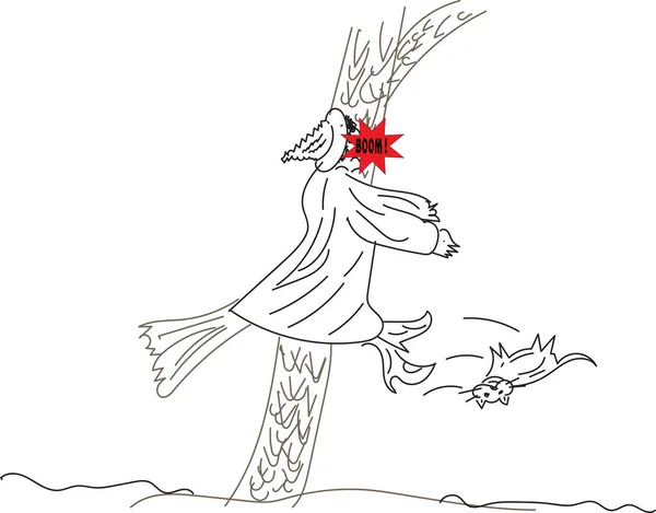 Kazara ağaca çarpan bir cadı, kedisini baş aşağı uçuruyor..