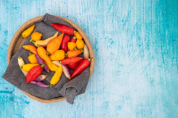 Peruvian chili peppers of various colors on blue background