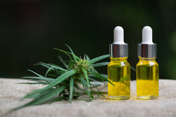 CBD oil hemp products, Medicinal cannabis with extract oil in a bottle. Medical cannabis concept