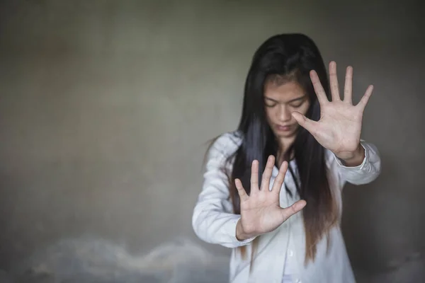 Mulher Escravidão Ângulo Edifício Abandonado Pare Violência Abuso Sexual Para — Fotografia de Stock