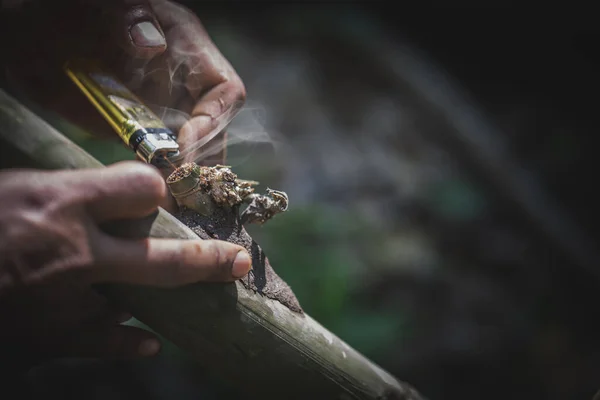 Mão Viciado Drogas Está Tomar Marijuana Abuso Substâncias Vício Maus — Fotografia de Stock