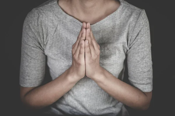 Pay respect, woman Praying hands with faith in religion. Namaste or Namaskar hands gesture,  Prayer position