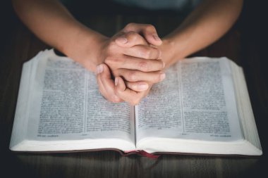 Kadın elleri İncil 'le Tanrı' ya dua ediyor. Tanrı 'nın kutsaması için dua et. Dini inançlar Hristiyan hayatı kriz duası Tanrı 'ya.