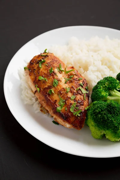 Homemade Chicken Breast Rice Broccoli White Plate Black Background Side Stock Picture