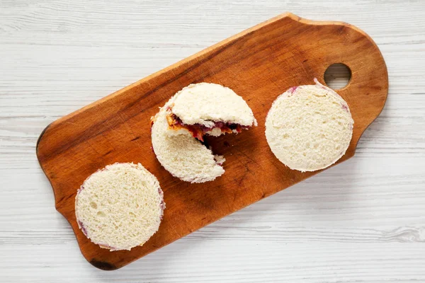 Homemade Crustless Peanut Butter Jelly Circles Rustic Wooden Board Top — Stock Photo, Image