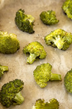 Homemade Roasted Broccoli with Salt and Pepper, low angle view. Close-up.