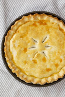 A Piece of Chicken Pot Pie, top view. Flat lay, overhead, from above. Close-up.