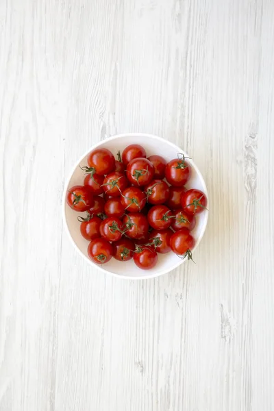 Tomates Cereza Ecológicos Rojos Frescos Bowl Vista Superior Acostado Plano — Foto de Stock