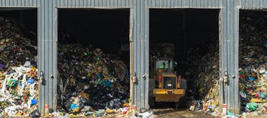 Sarı traktör çöp deposunda. Atık ayıklama. Geri dönüşüm. Çevre bakımı.