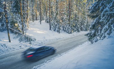 Kış ormanlarının manzarası. Çam ve çam ağaçları karla kaplı. Araba hareket halinde. Güzel doğa..