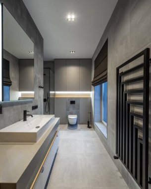 Lüks çağdaş bir dairede modern banyo. Gri tonlar. Beyaz lavabo ve tuvalet. Duş al.