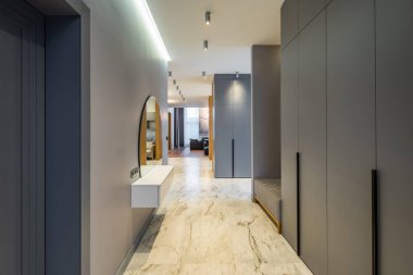 Lüks, geniş, özel evin modern interiro 'su. Gri tonlar. Ahşap dizayn. Giriş salonu. Oturma odası. Mermer döşeme.