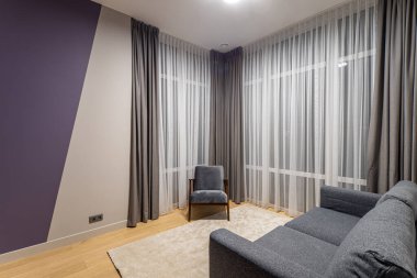 Mobilyaları olan modern bir oda. Sandalye ve kanepe.