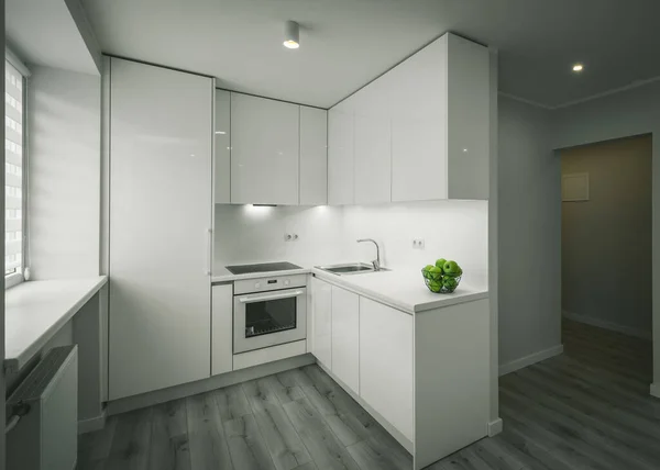 Intérieur lumineux de l'appartement rénové contemporain. Cuisine blanche avec réfrigérateur et four. Parquet. — Photo