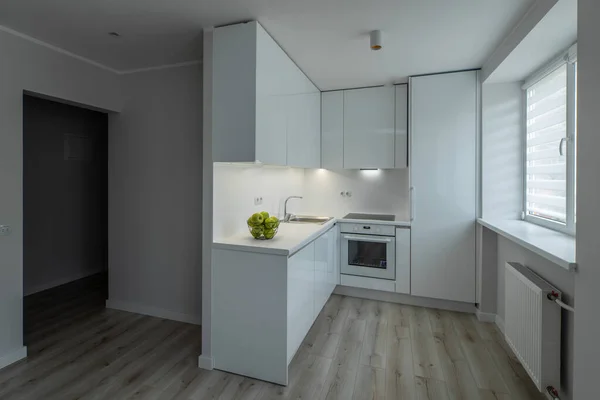 Современный интерьер обновленной однокомнатной квартиры без мебели. Белая кухня с раковиной, холодильником и духовкой. Яблоки в миске. — стоковое фото