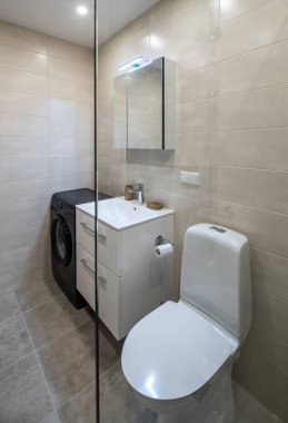 Dairedeki modern banyo odası. Beyaz tuvalet ve lavabo.