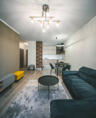 Stüdyo dairenin modern ışıklandırması. Mutfağa. Oturma odası.