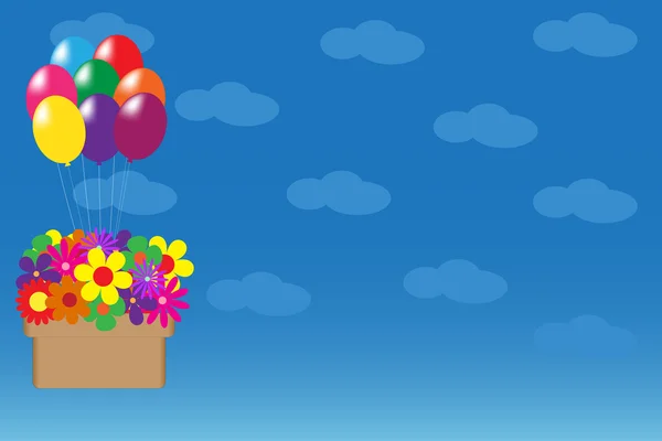 bulutlar gökyüzü mavi zemin üzerine renkli çiçekli sepet asılı balonlar