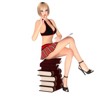 Sevimli kız kız öğrenci üniforma ile not etmek kitap yığın oturur 