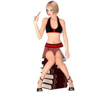 Sevimli kız kız öğrenci üniforma ile not etmek kitap yığın oturur 