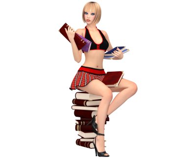 Sevimli kız kız öğrenci üniforma içinde kitapları ile kitap yığının üstüne oturuyor