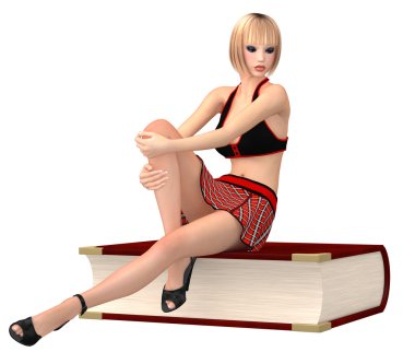 Sevimli kız kız öğrenci üniforma içinde büyük kitap üzerinde oturur