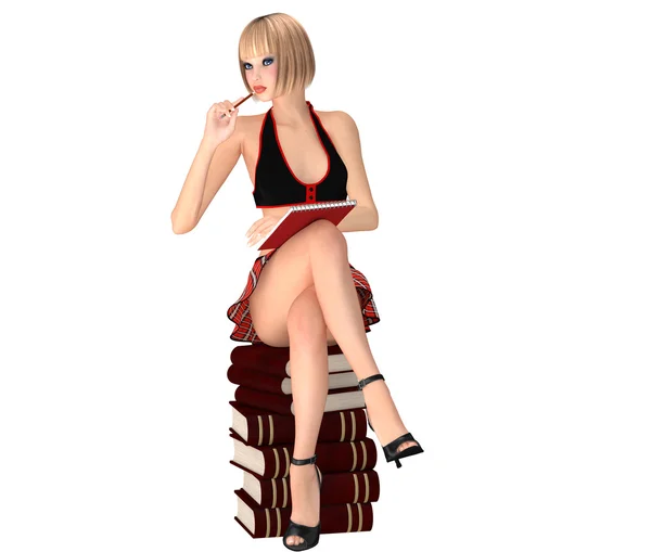 Sevimli kız kız öğrenci üniforma ile not etmek kitap yığın oturur 