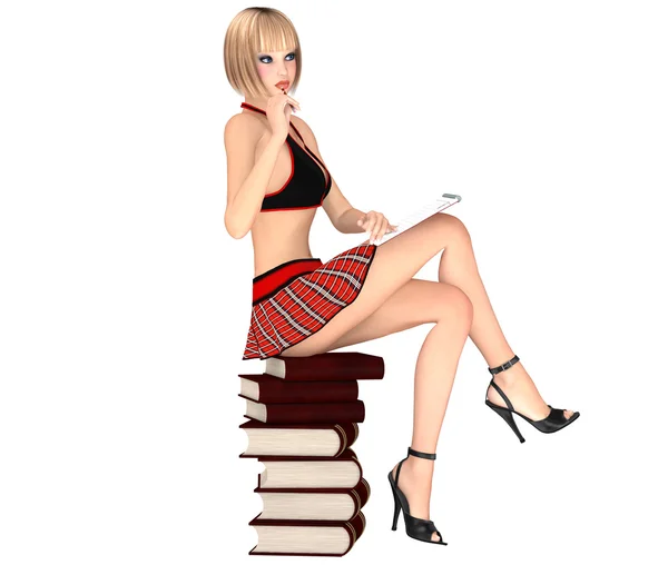 Carino ragazza in uniforme studentessa si siede su libri pila con blocco note — Foto Stock