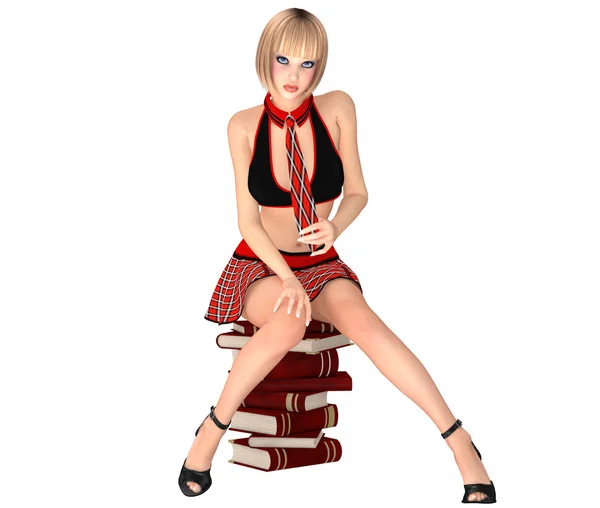 Sevimli kız kız öğrenci üniformalı kitaplar yığının üstüne oturur ve kravat tutar