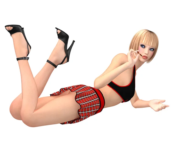 Sevimli kız kız öğrenci üniforma içinde h üzerinde kalem ile karnına yatıyor