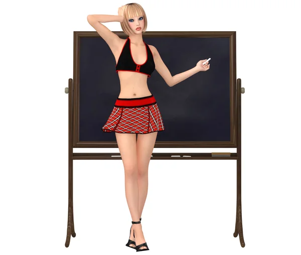 Blackboard ile ch, sevimli kız kız öğrenci üniforma içinde duruyor — Stok fotoğraf