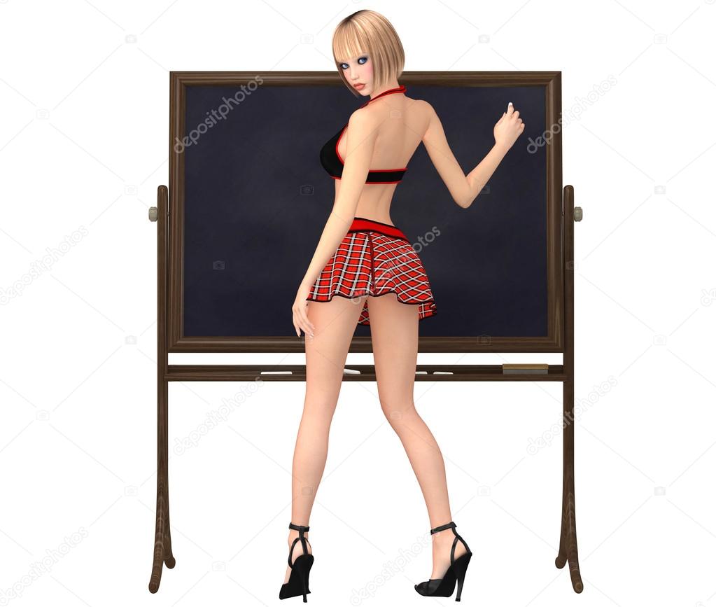 Cute girl in schoolgirl uniform stands at the blackboard with ch