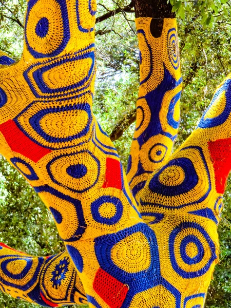 Artist Yarn Bombing by Accademia Aracne with his knitted trees  at the exhibition \'Back to nature\' 2021, installations of contemporary artists in Villa Borghese in Rome , June 13, 2021 in Rome, Italy, Europe