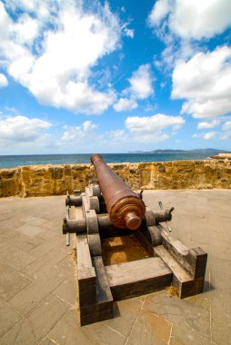 Alghero, Marco Polo Savunma Kalkanı, Rıhtıma bakan orta çağ topu, Sardunya Adası, İtalya, Avrupa