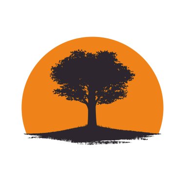 Vektör illüstrasyon, poster, tişört tasarımı şablonu. Arka planda güneş olan tepedeki tek bir ağacın silueti..