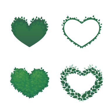 Yeşil yapraklardan yapılmış kalpler. Dekoratif bitkiler. Aşk, sağlık, ekoloji, koruma sembolleri. Sevgililer Günü şablonu tasarımı. Vektör çizimi. Yaz, bahar simgeleri.