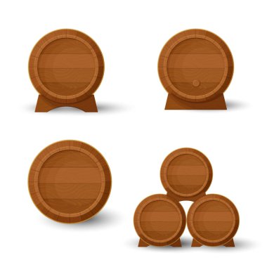 Eski ahşap fıçı koleksiyonu. Ön manzara. Kürsüde fıçı, kenarda fıçı ve raflarda üç fıçı. Çizgi film tarzı illüstrasyon. Vektör.