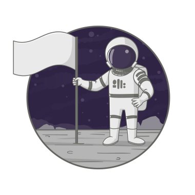 Astronot, ayın yüzeyinde bayrakla ayakta duruyor. Çizgi film çizimi. İmza, poster, rozet, çıkartma tasarımı. Vektör. 