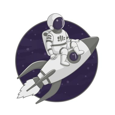 Roketin üstünde uçan astronot. Çizgi film çizimi. İmza, poster, rozet, çıkartma tasarımı. Vektör.