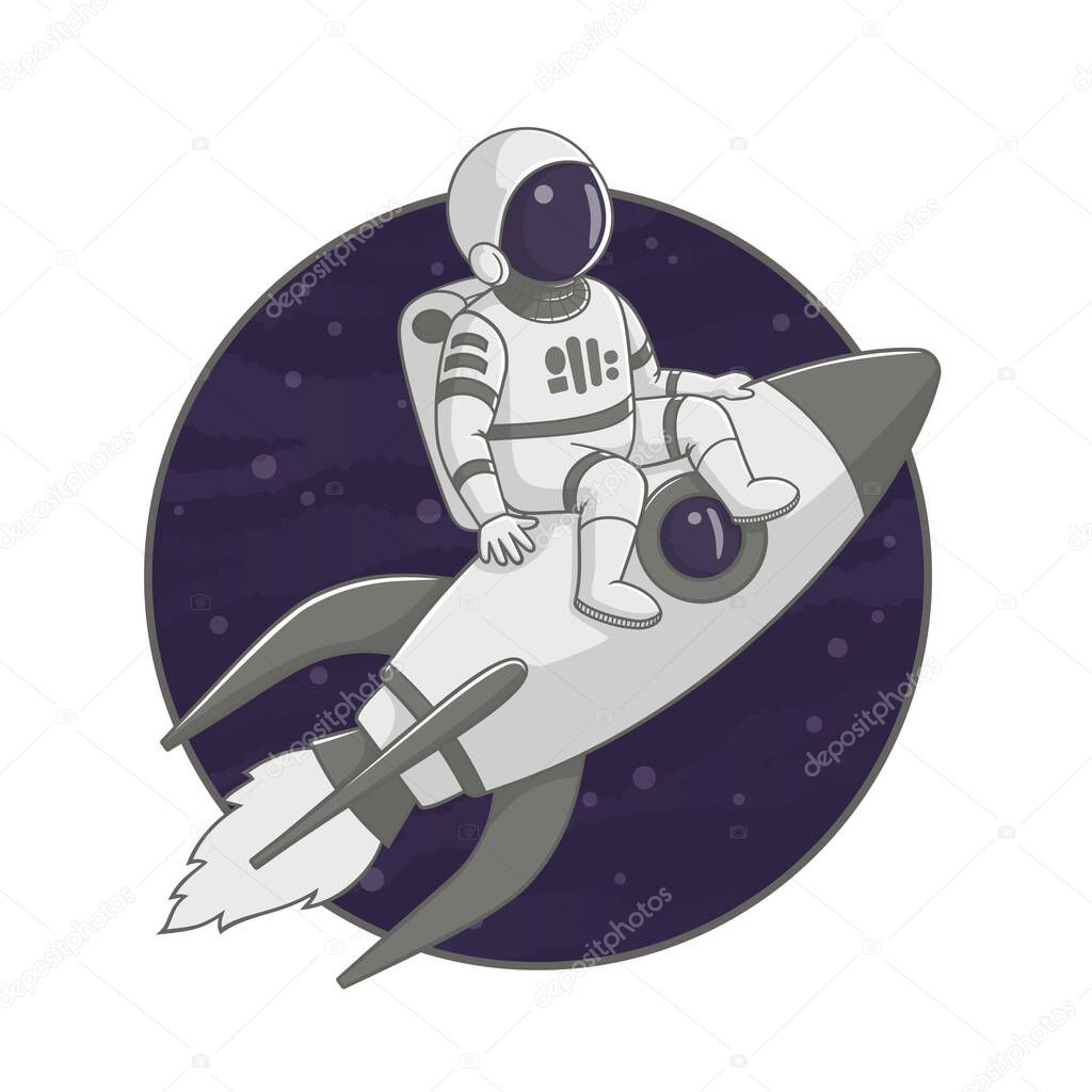 Astronaut flying on a rocket. Cartoon illustration. Sign, poster, badge, sticker design. Vector.