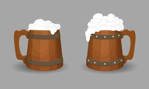 2つのフル木製のビールマグカップ ヴィンテージ 漫画風イラスト ベクトルアイコン — ストックベクタ