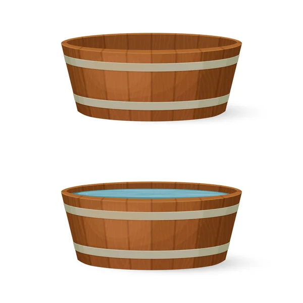 Vasca Rotonda Legno Con Senza Acqua Illustrazione Stile Cartone Animato — Vettoriale Stock
