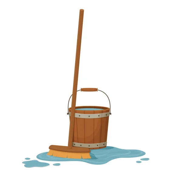 木製のハンドルと水の完全な古いバケツと床のブラシ 掃除イラスト 漫画風 ベクトル — ストックベクタ