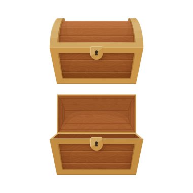 Kapağı açık ve kapalı eski ahşap ve altın sandık. Korsan hazinesi. Klasik sandık. Çizgi film stili illüstrasyon. Vektör.
