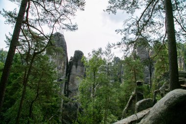 Çek Cumhuriyeti 'nde kumtaşı oluşumları ve huzurlu bir dağ gölü olan Adrspach Kayaları. Manzaralı kaya manzarası, berrak su yansımaları ve Orta Avrupa 'nın doğal harikası..