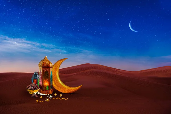Красивая Исламская Пустыня Рамадан Фон Традиционная Арабская Лампа Датами Полумесяцем — стоковое фото